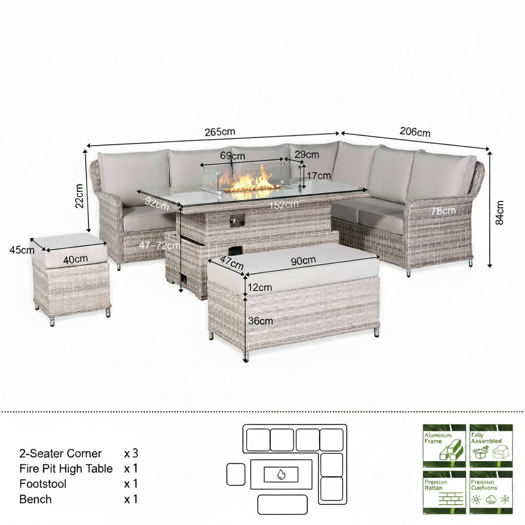2026 Paris High Back Right Hand Corner Sofa Set with Fire Pit Rising Table Outdoor Garden Furniture - Nimbus Beds