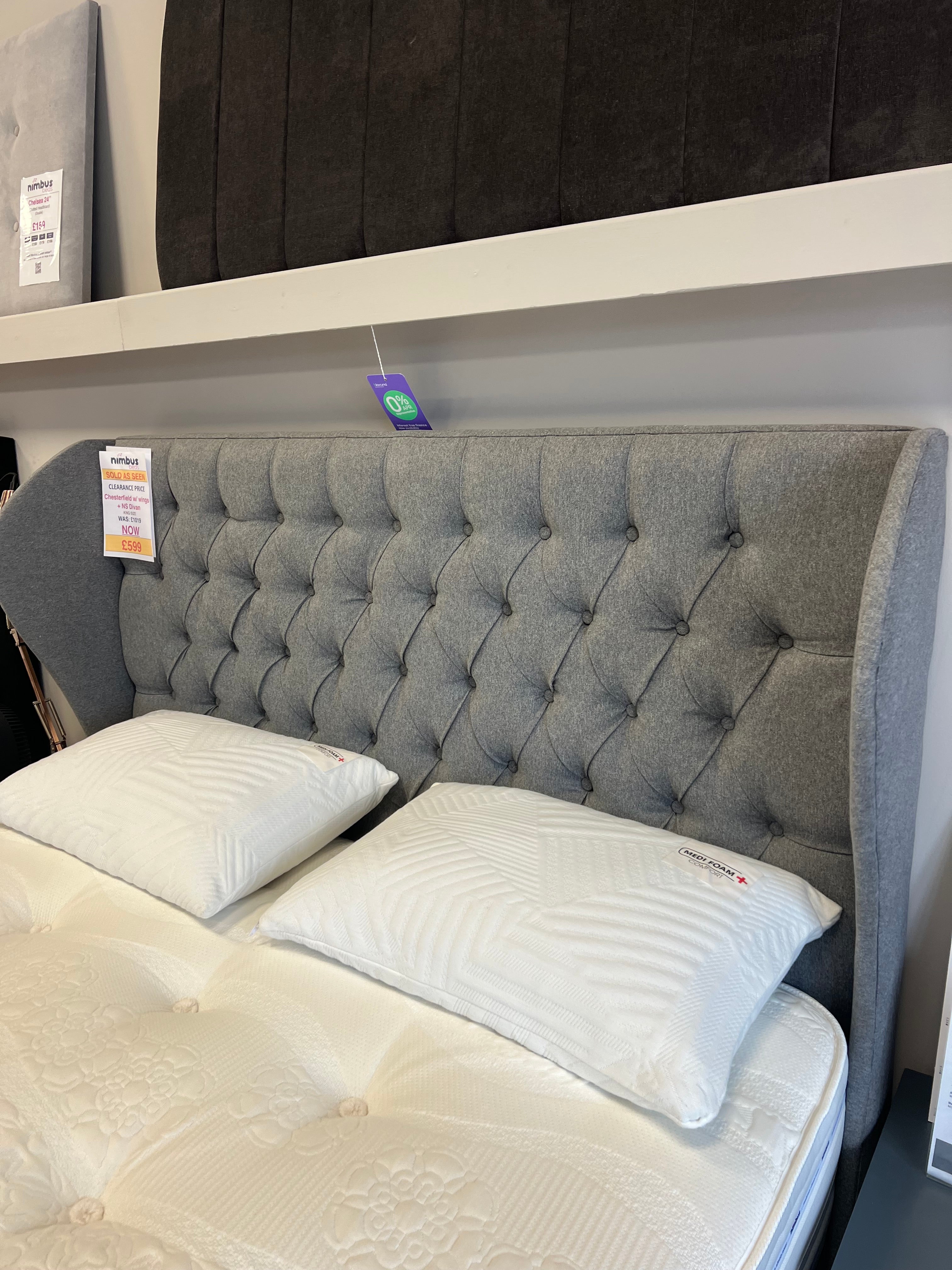 Kingsize Divan Bed with Mulberry Winged Chesterfield Headboard - Steel wool - Ex Display