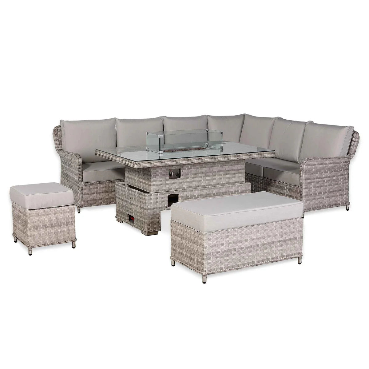 2026 Paris High Back Right Hand Corner Sofa Set with Fire Pit Rising Table Outdoor Garden Furniture - Nimbus Beds