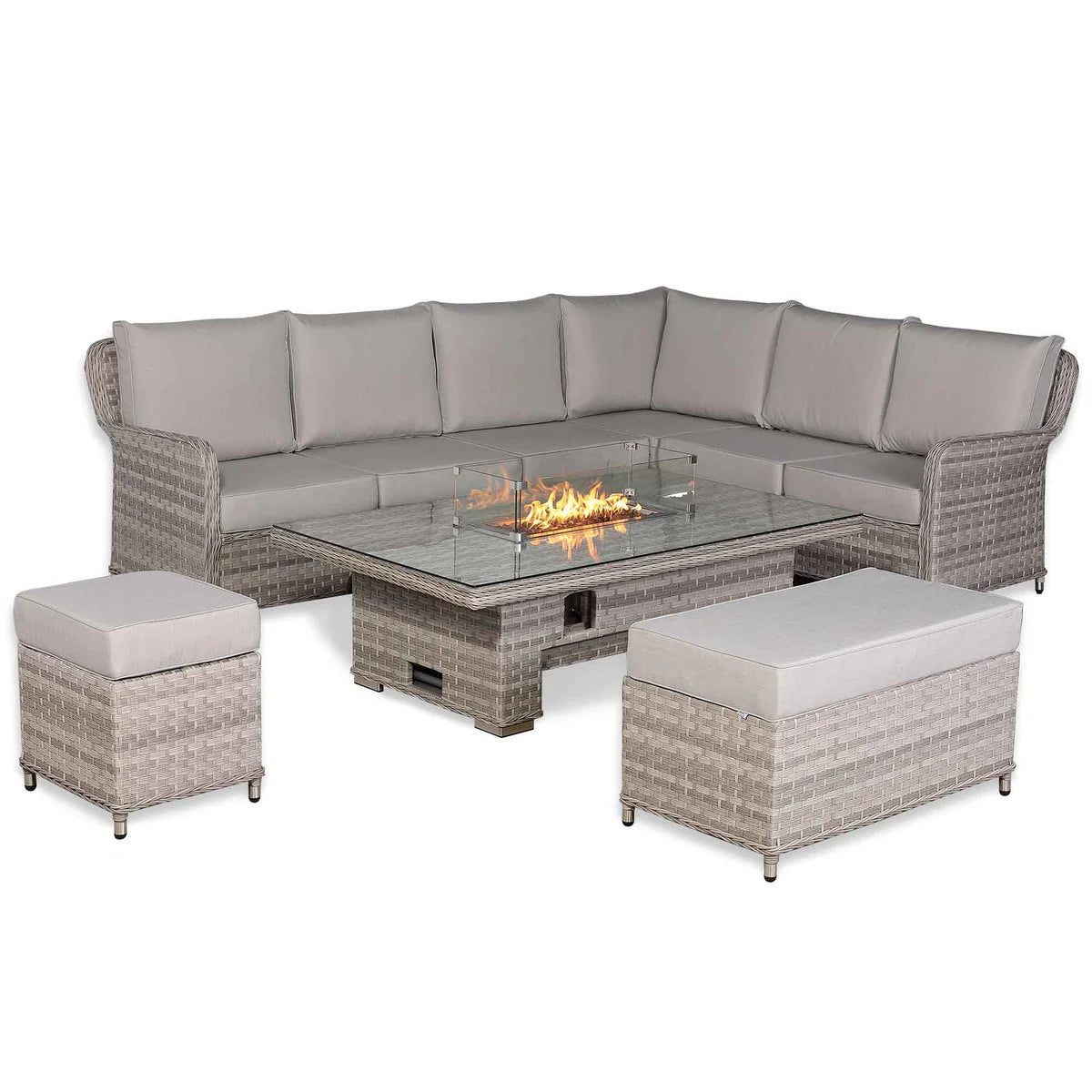 2026 Paris High Back Right Hand Corner Sofa Set with Fire Pit Rising Table Outdoor Garden Furniture - Nimbus Beds