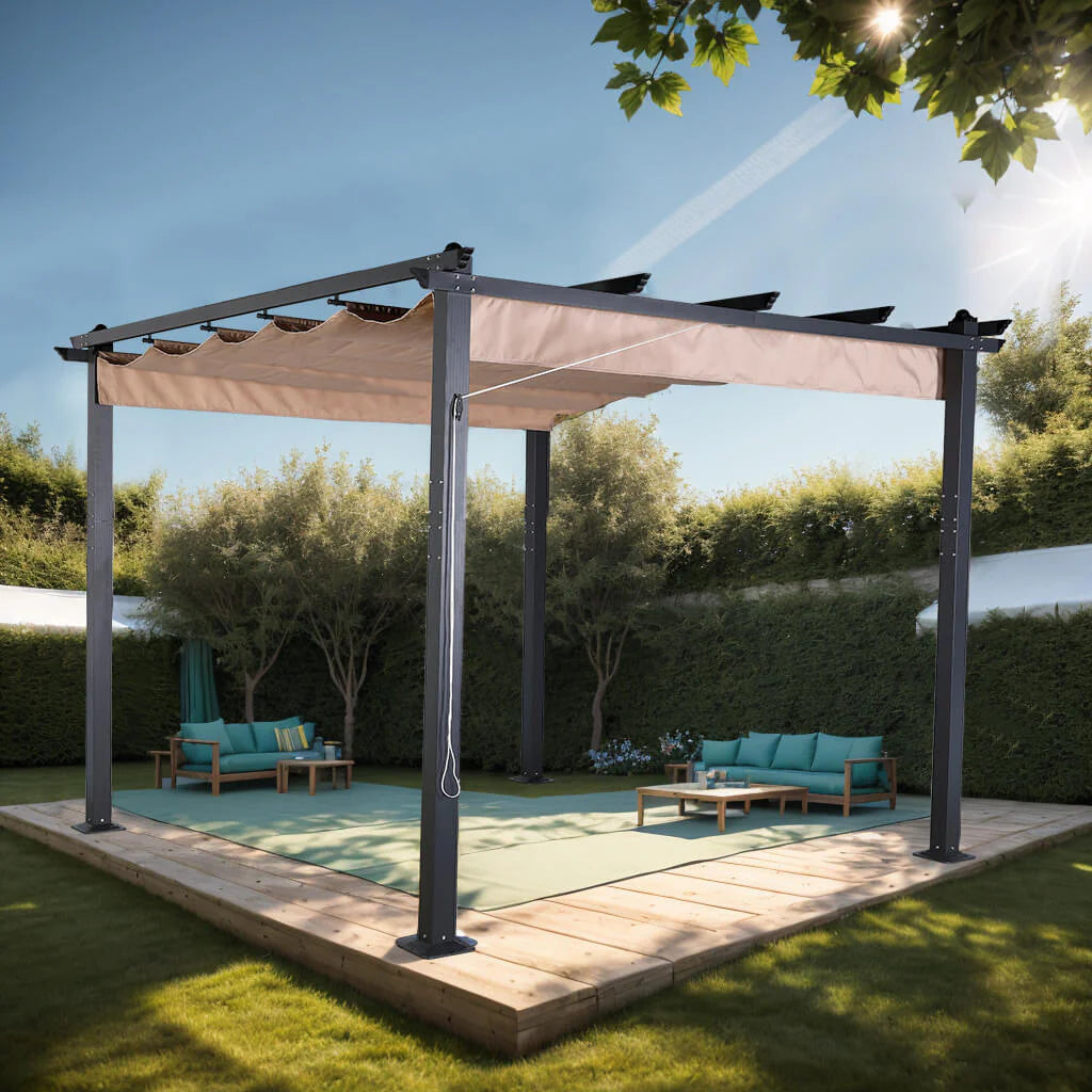 2026 Beige 3 X 3M Aluminium Pergola With Retractable Beige Roof, Large Garden Pergola for BBQ, Outdoor and patio