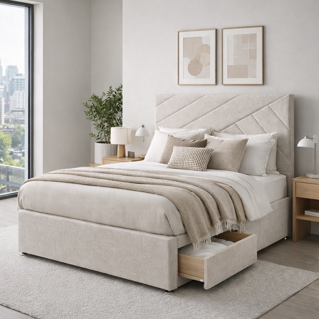 2026 Fraser geometric storage divan base with optional drawers