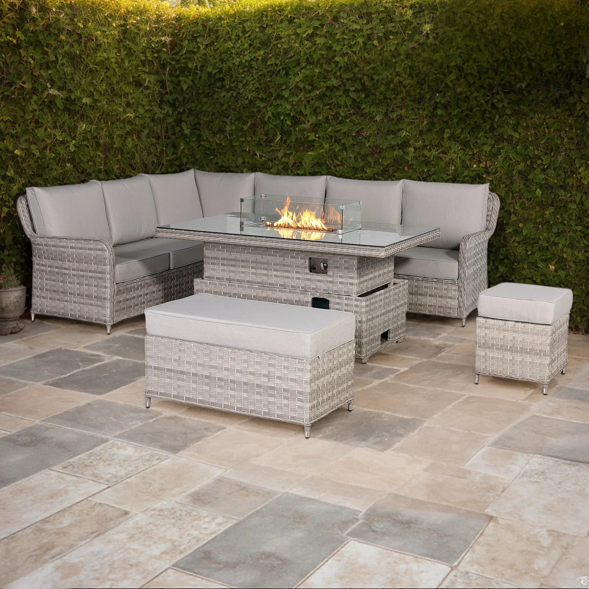 2026 Paris High Back Left Hand Corner Sofa Set with Fire Pit Rising Table Outdoor Garden Furniture - Nimbus Beds