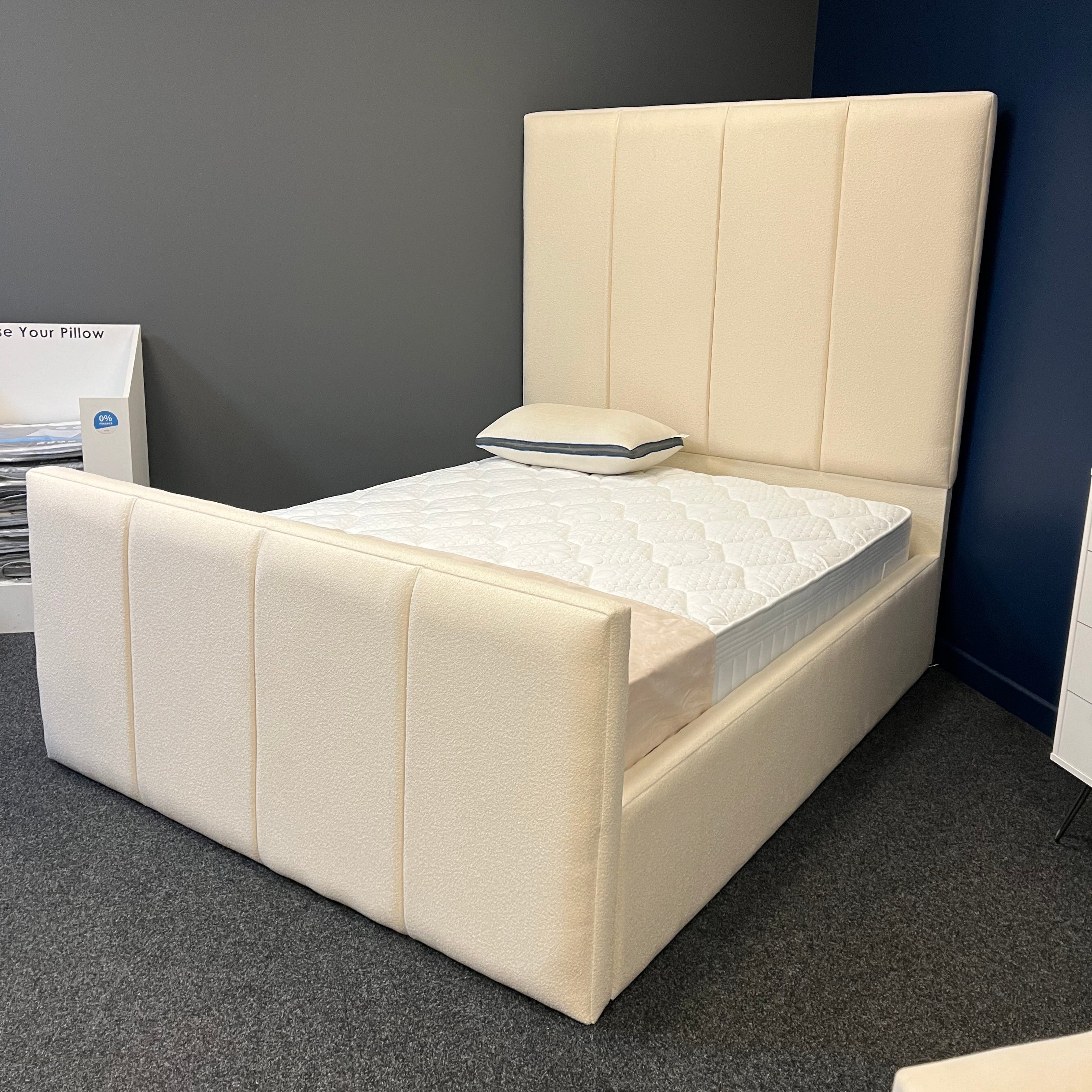 6ft Tall Kingsize Madrid Bed Frame - Boucle Polar Fabric - Ex Display