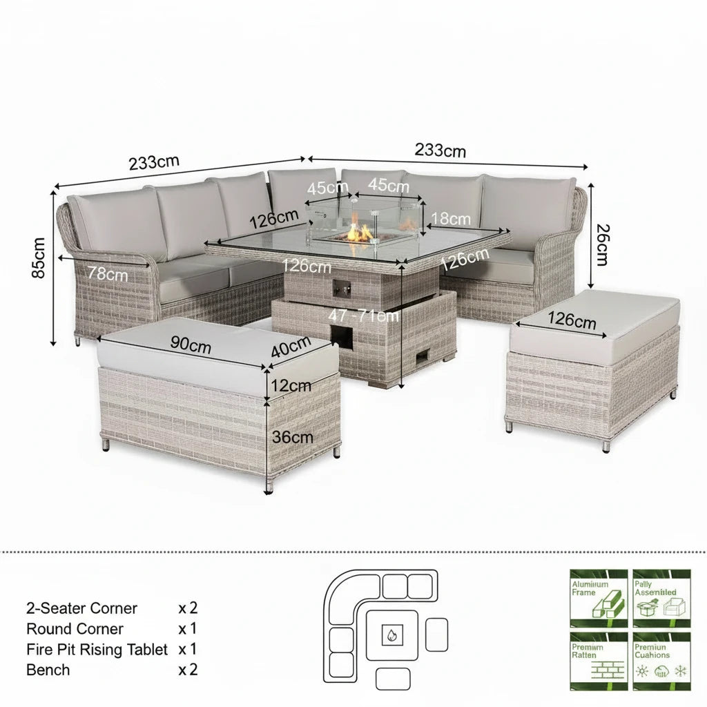 2026 Paris Large Equal Corner Sofa Set with Rising Firepit Table Outdoor Garden Furniture - Nimbus Beds