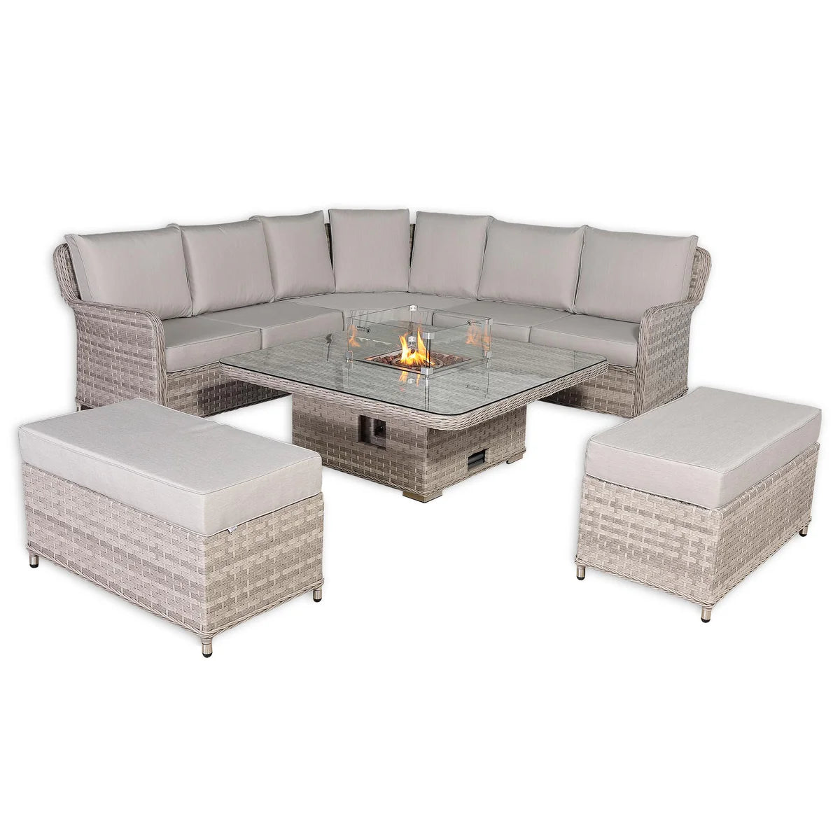 2026 Paris Large Equal Corner Sofa Set with Rising Firepit Table Outdoor Garden Furniture - Nimbus Beds