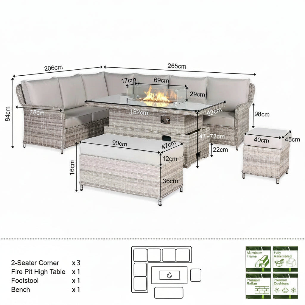 2026 Paris High Back Left Hand Corner Sofa Set with Fire Pit Rising Table Outdoor Garden Furniture - Nimbus Beds