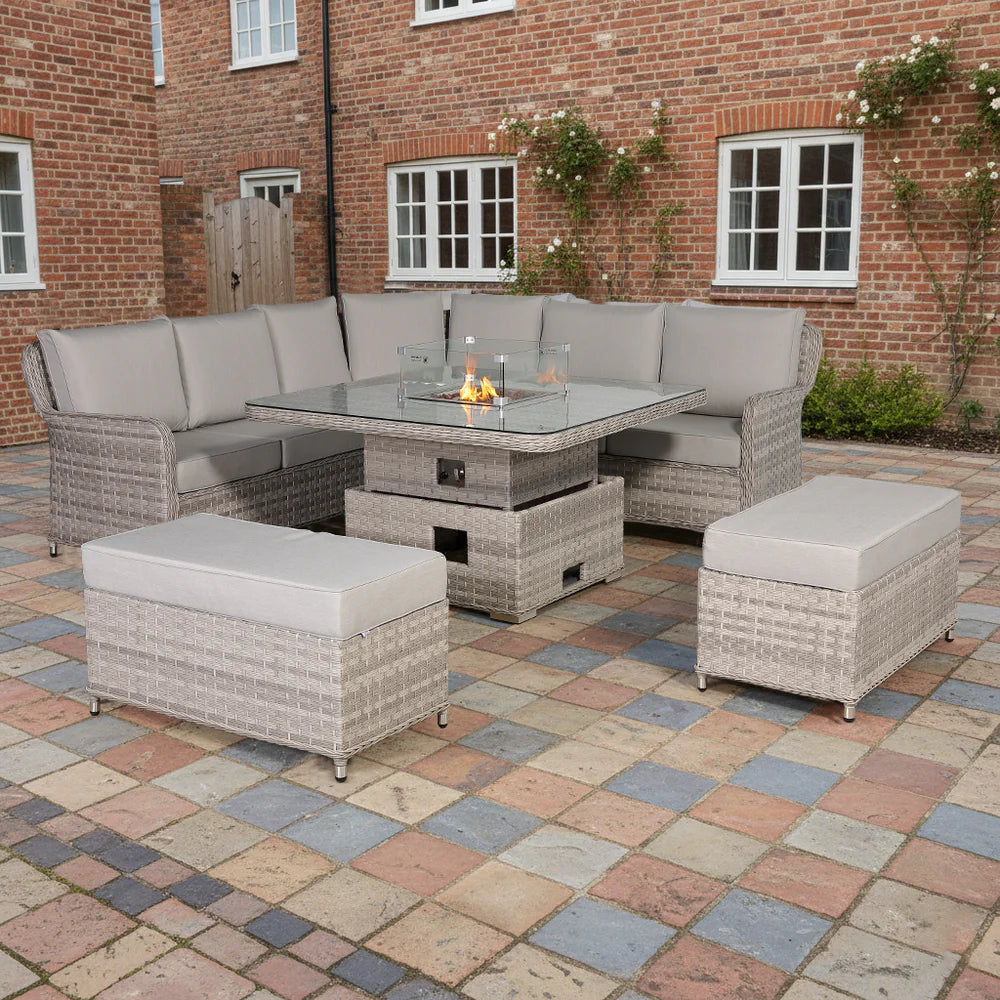 2026 Paris Large Equal Corner Sofa Set with Rising Firepit Table Outdoor Garden Furniture - Nimbus Beds