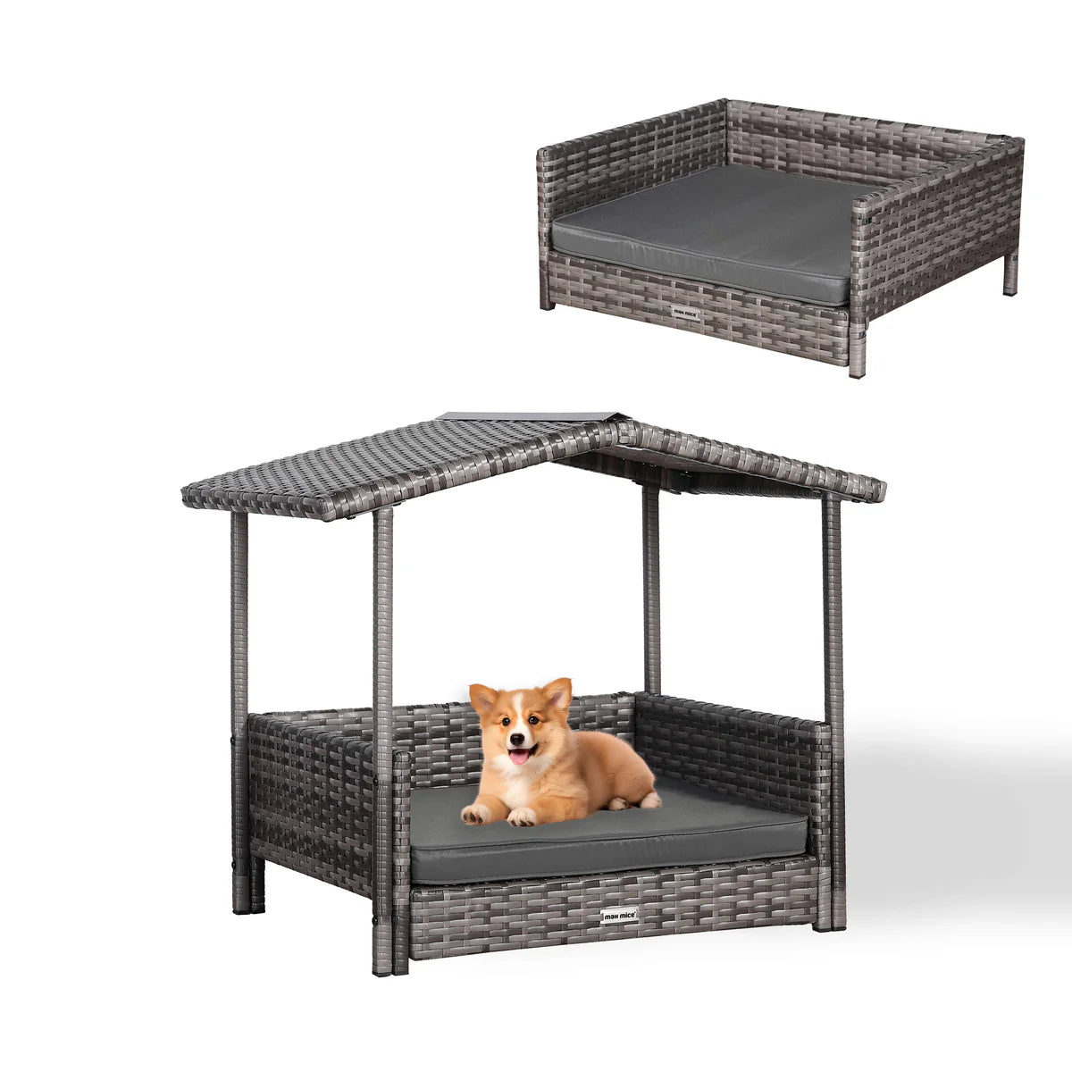 2026 Medium Rattan Dog / Pet Bed for Indoor/Outdoor with Removable Roof and Cushion in Grey - Nimbus Beds