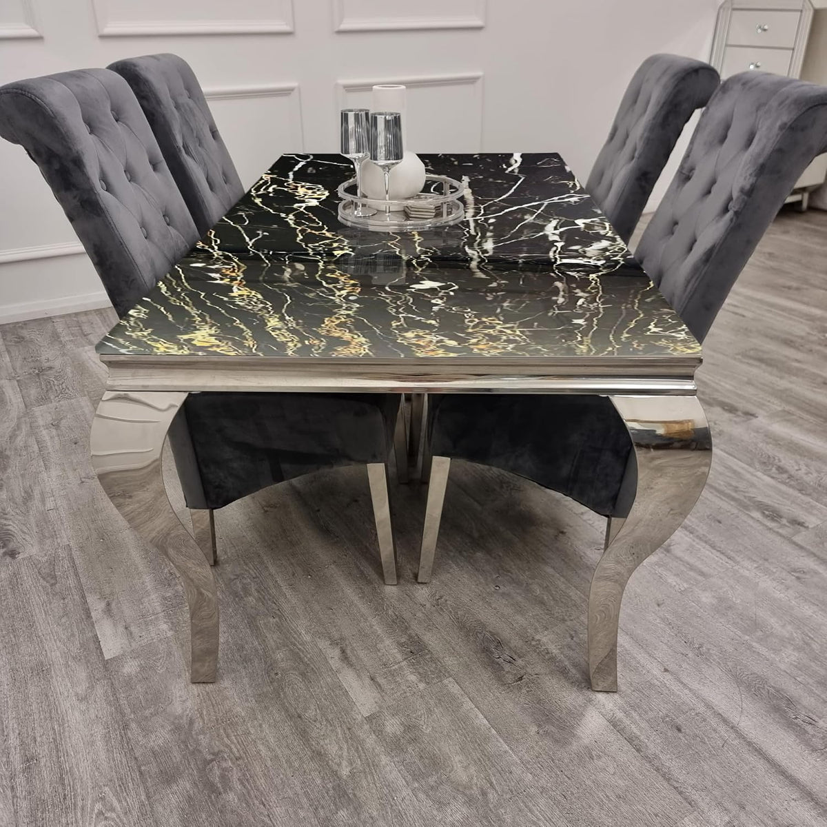 2026 Louis Chrome Dining Table in Black and Gold Marble