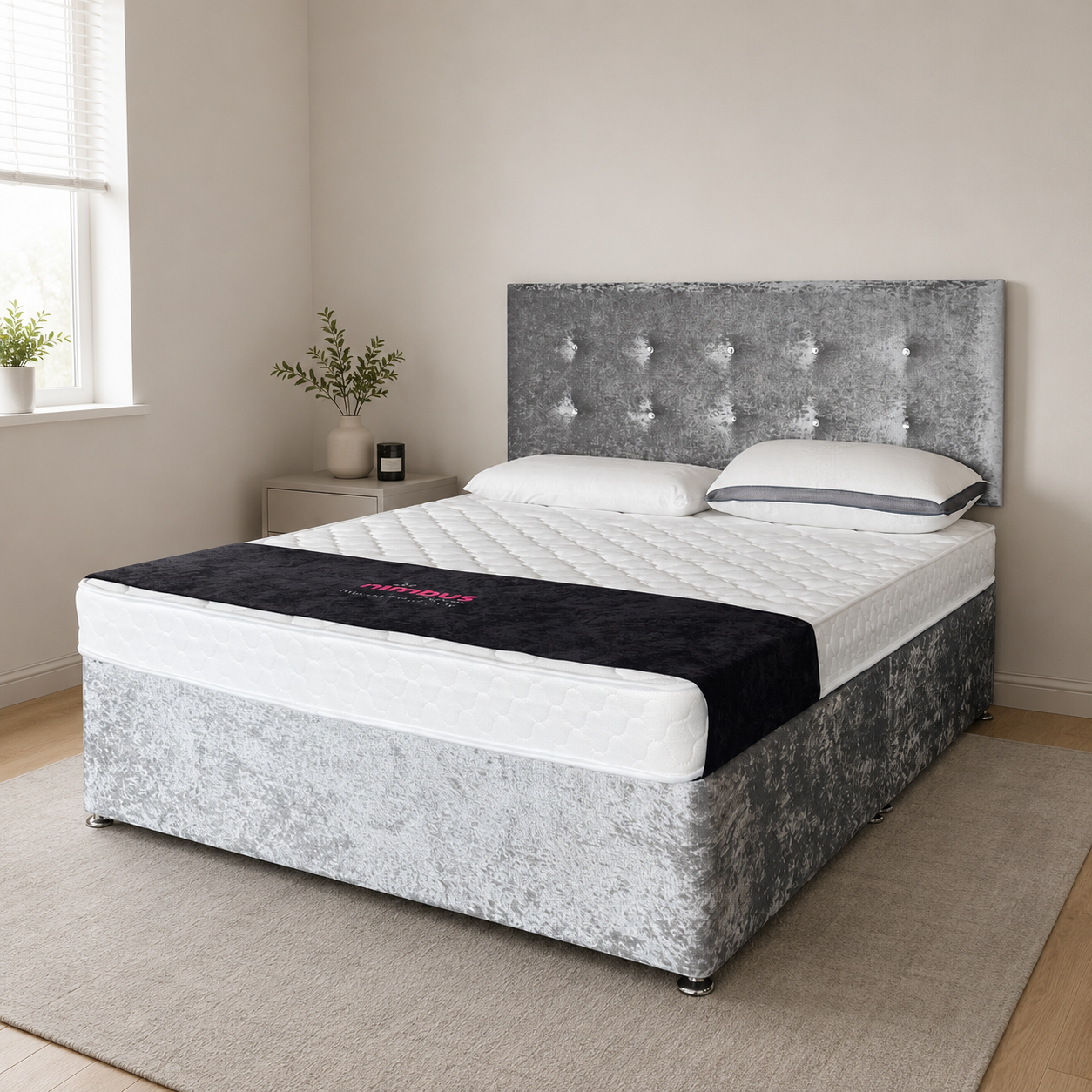 King Size Divan Base with Chelsea 24” Headboard - Glitz Silver - Ex Display