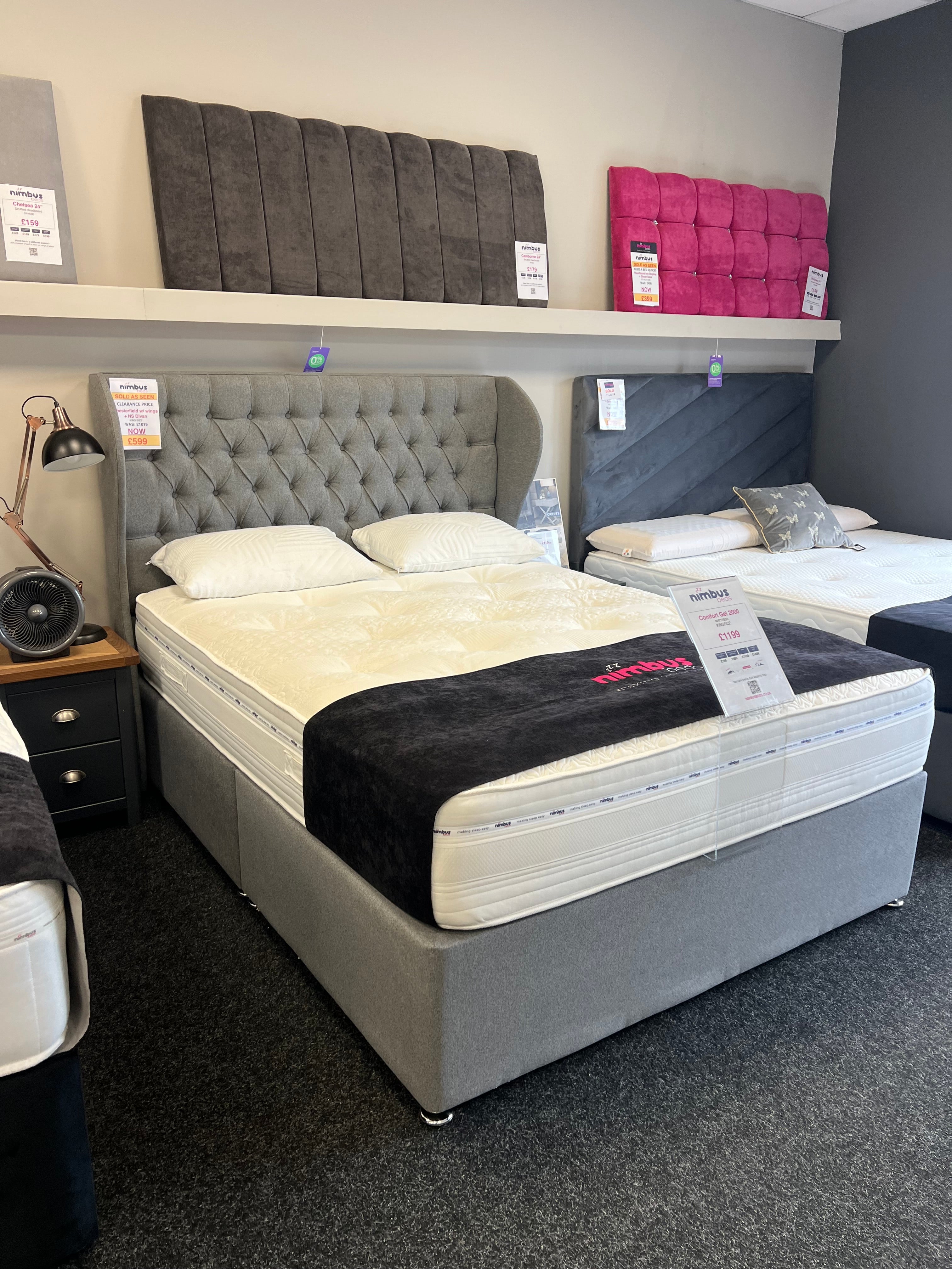 Kingsize Divan Bed with Mulberry Winged Chesterfield Headboard - Steel wool - Ex Display