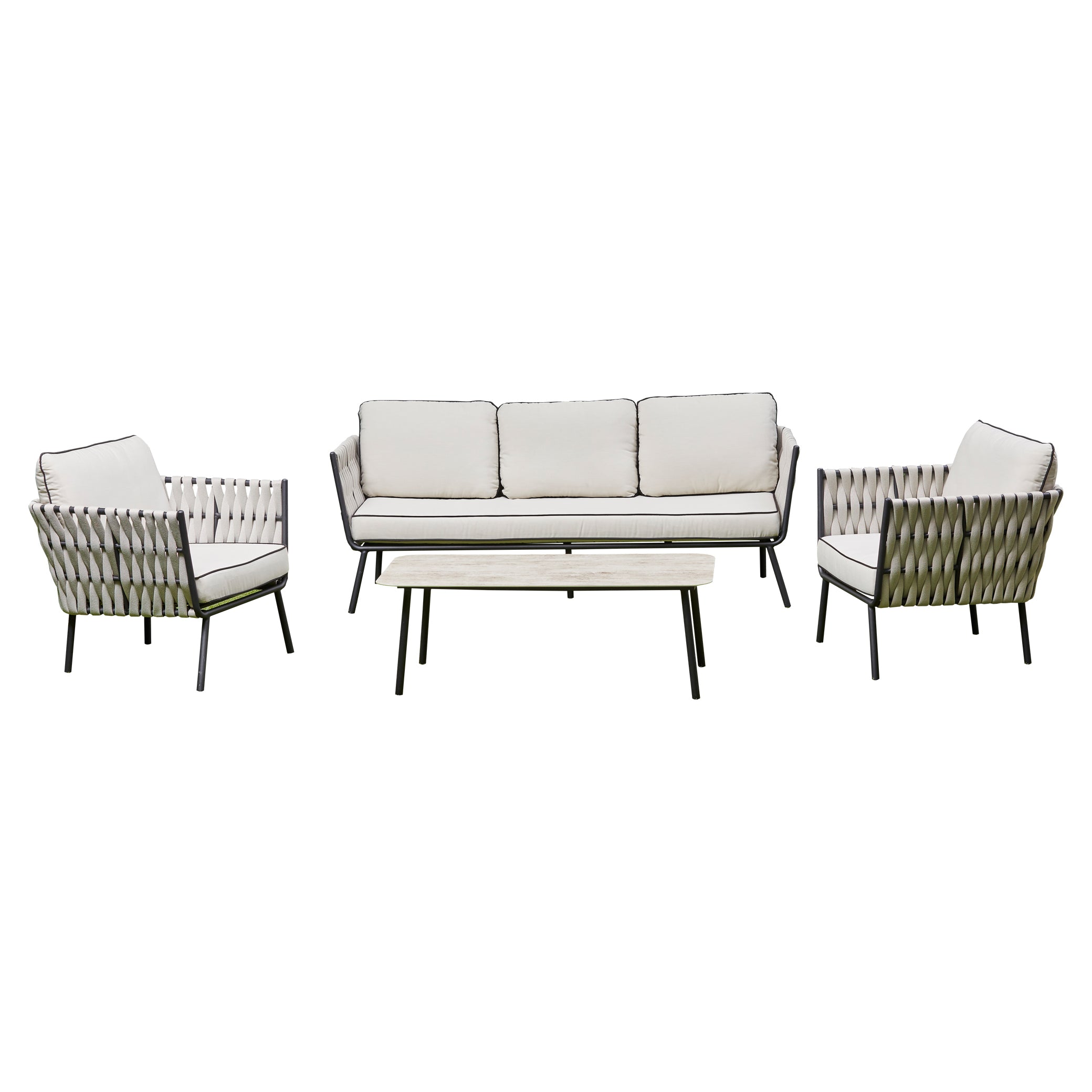 2026 Pinoso Aluminium & Rope Lounge Outdoor Garden Set Cream Beige with table - Nimbus Beds