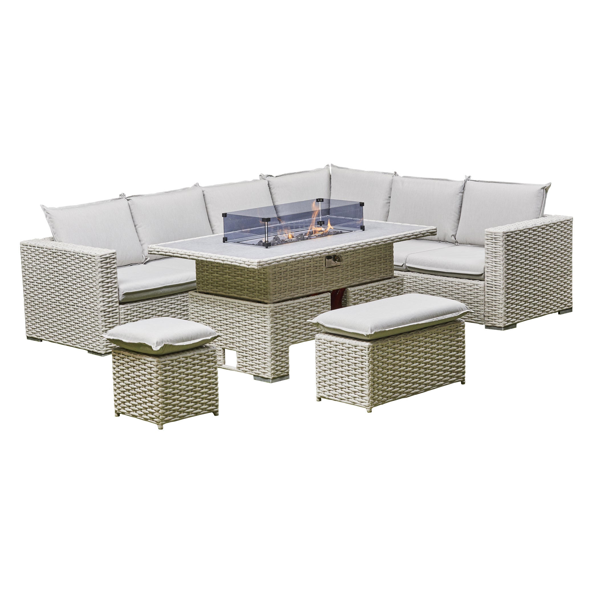 2026 Barcelona Luxury Corner Light Grey Rising Fire Pit L Shape Sofa Dining Set - Nimbus Beds