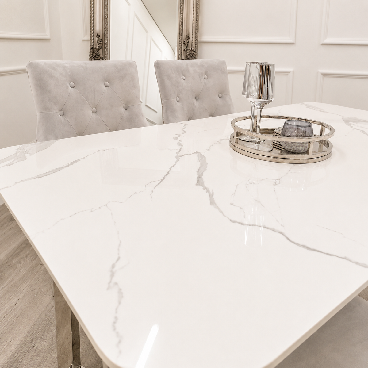 2026 Lucien 1.6 Chrome Dining Table with Polar White Sintered Stone Top