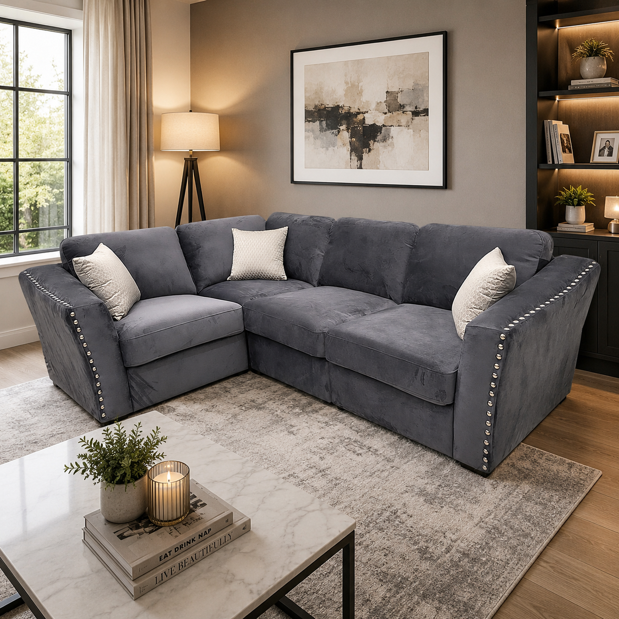 2026 Larkhall 4 piece Corner Sofa - Steel - Nimbus Beds