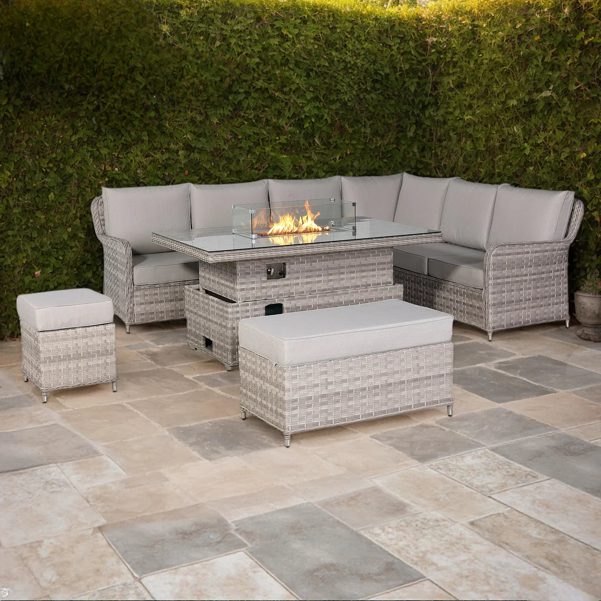 2026 Paris High Back Right Hand Corner Sofa Set with Fire Pit Rising Table Outdoor Garden Furniture - Nimbus Beds