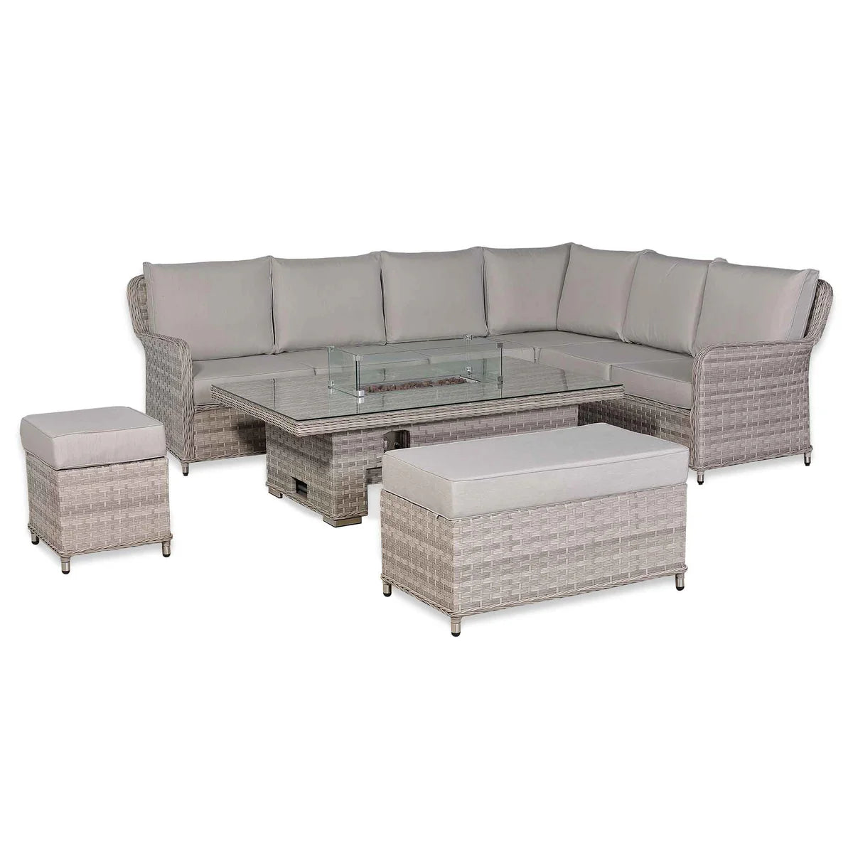 2026 Paris High Back Right Hand Corner Sofa Set with Fire Pit Rising Table Outdoor Garden Furniture - Nimbus Beds