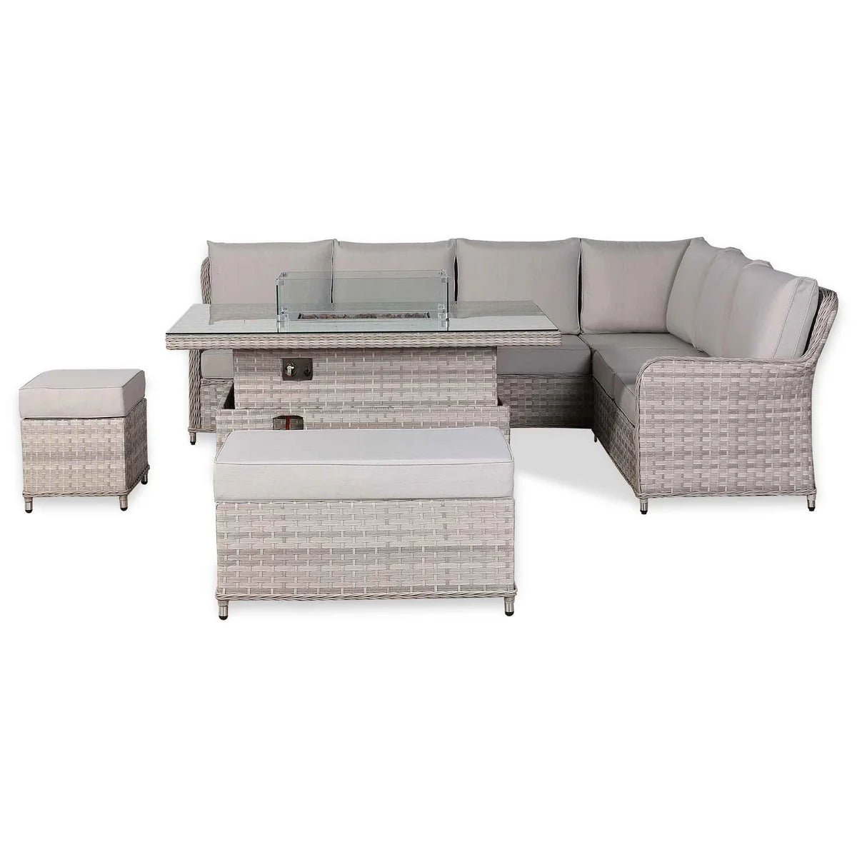 2026 Paris High Back Right Hand Corner Sofa Set with Fire Pit Rising Table Outdoor Garden Furniture - Nimbus Beds
