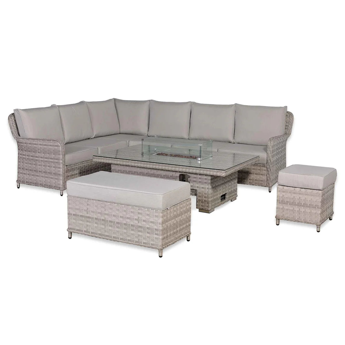 2026 Paris High Back Left Hand Corner Sofa Set with Fire Pit Rising Table Outdoor Garden Furniture - Nimbus Beds