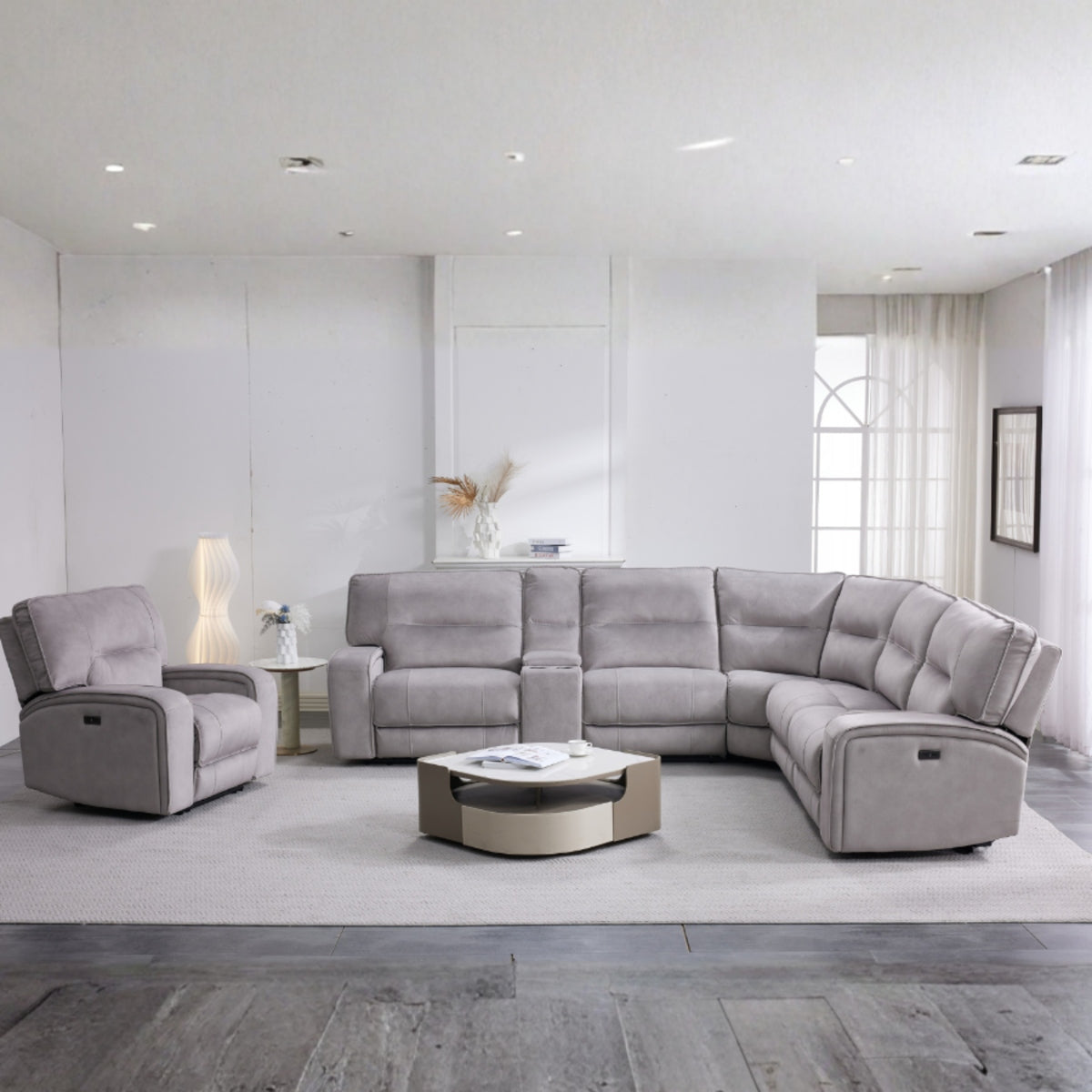 2026 Elyana Corner + Console & Chair Sofa In Aspen Latte - Nimbus Beds