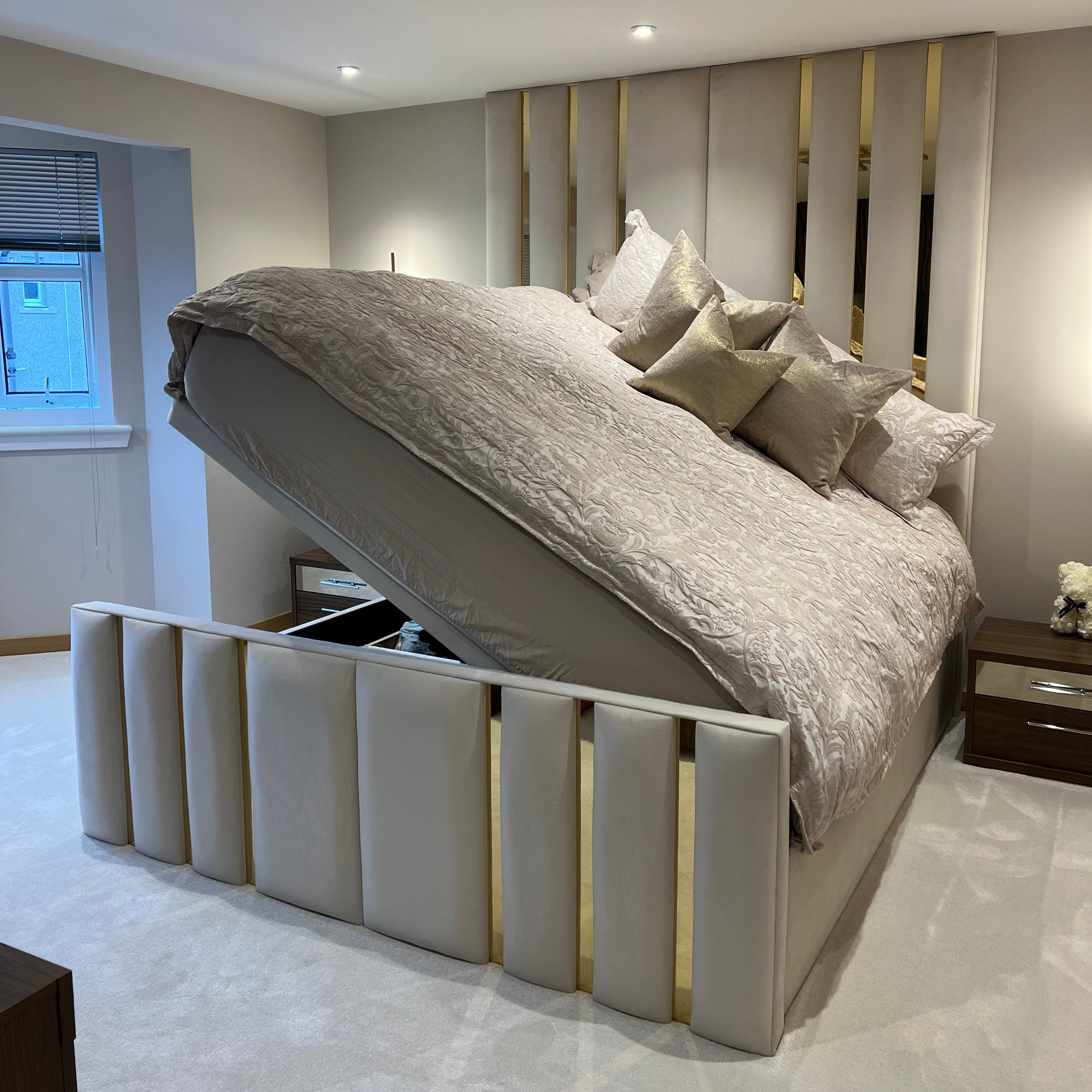 2026 Faraz Bed Frame with Gold Mirror Panels with Optional Lift up Ottoman Storage - Nimbus Beds