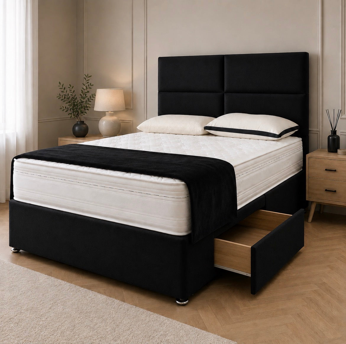 2026 Emma Panelled Storage divan Bed with Optional Drawers