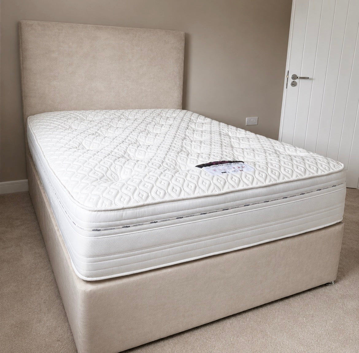 Double Divan Base with One Panel Floor Standing Headboard in Spiced Velvet Cream - CLEARANCE