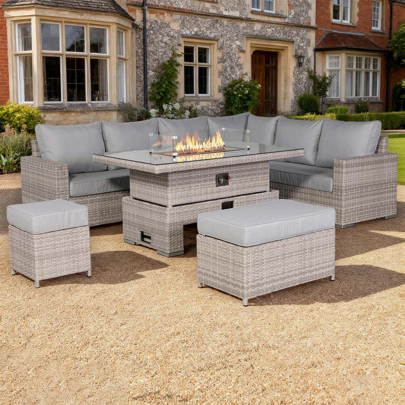 2026 Torini Corner Large Outdoor Garden Dining Set with Rising Firepit Table (Right Hand) - Nimbus Beds