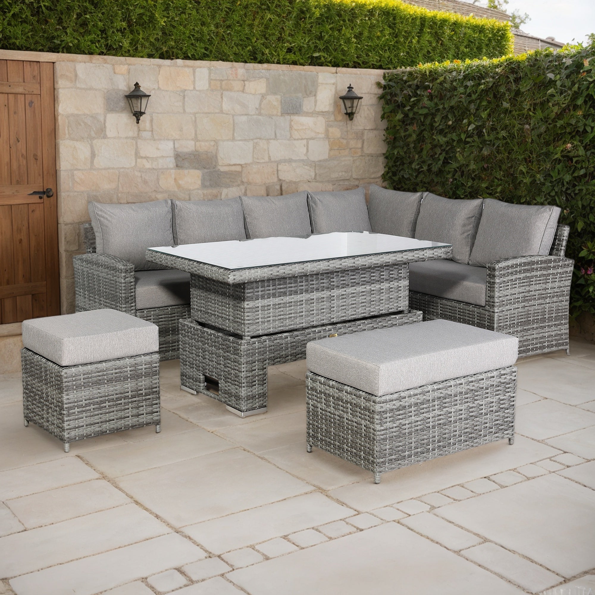 2026 Lorrento Large Corner Dining Set with Rising Table in Grey (Right Hand) - Nimbus Beds