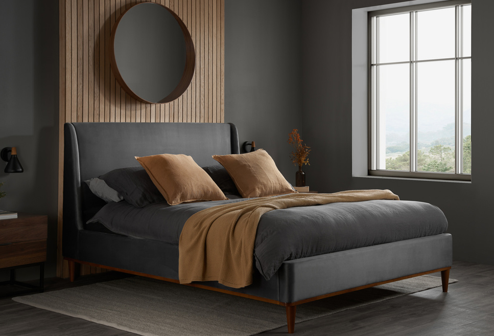 'Jackie O' Velvet Bed Plush Grey+Walnut frame - Nimbus Beds