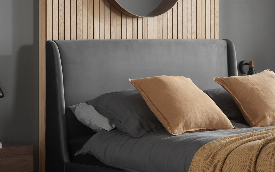 'Jackie O' Velvet Bed Plush Grey+Walnut frame - Nimbus Beds