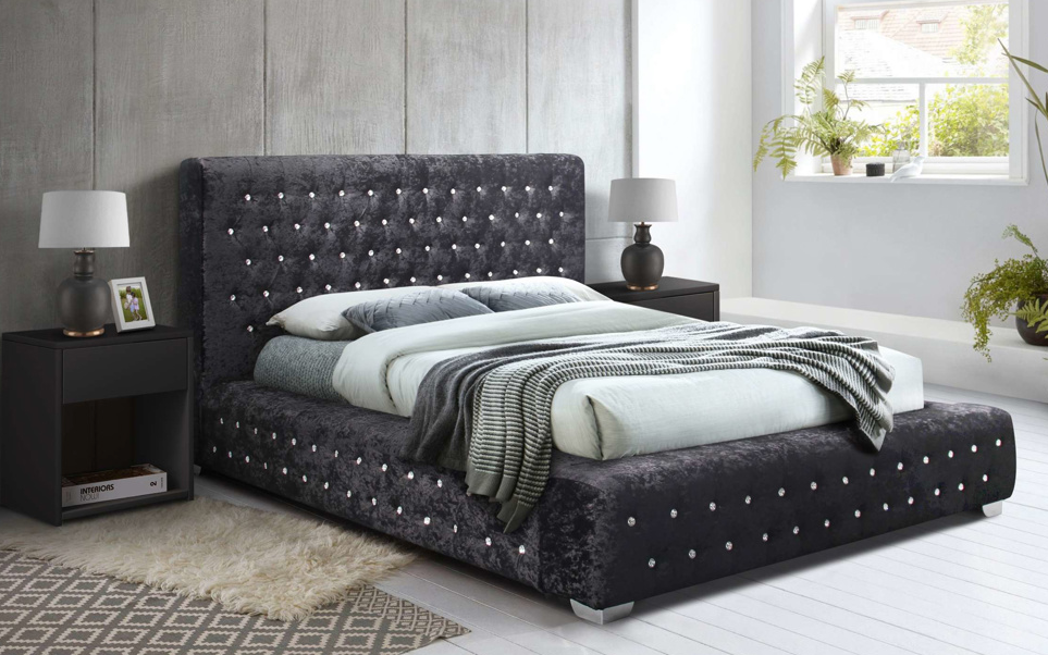 Emperor Bed BLACK Crushed Velvet+Silver Feet - Nimbus Beds