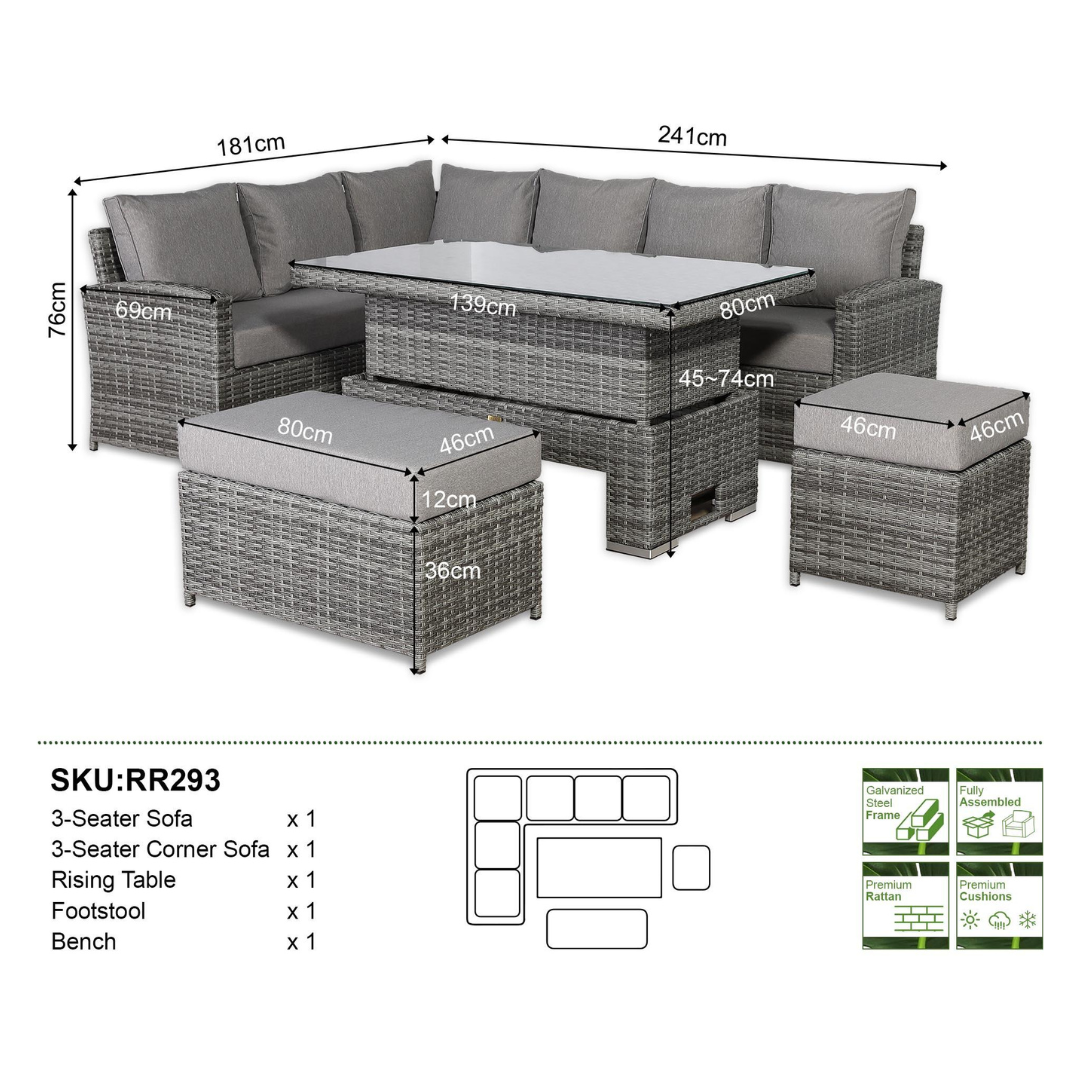 2026 Lorrento Large Corner Dining Set with Rising Table in Grey (Left Hand) - Nimbus Beds