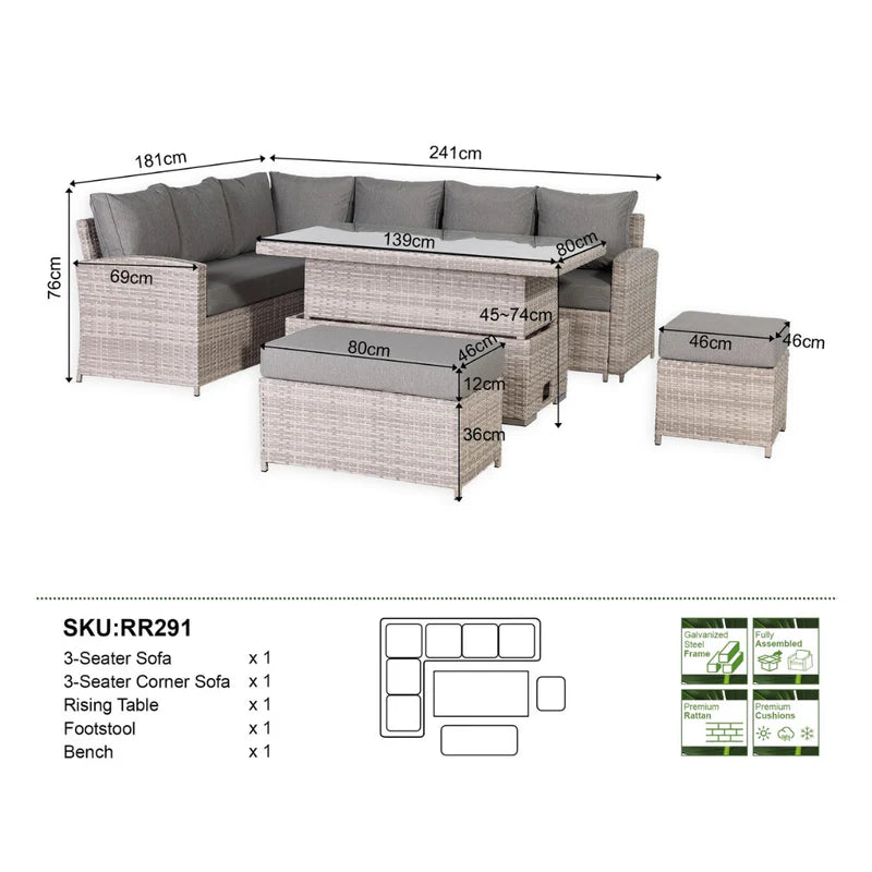 2026 Lorrento Large Corner Dining Set with Rising Table in Beige/Grey (Left Hand) - Nimbus Beds