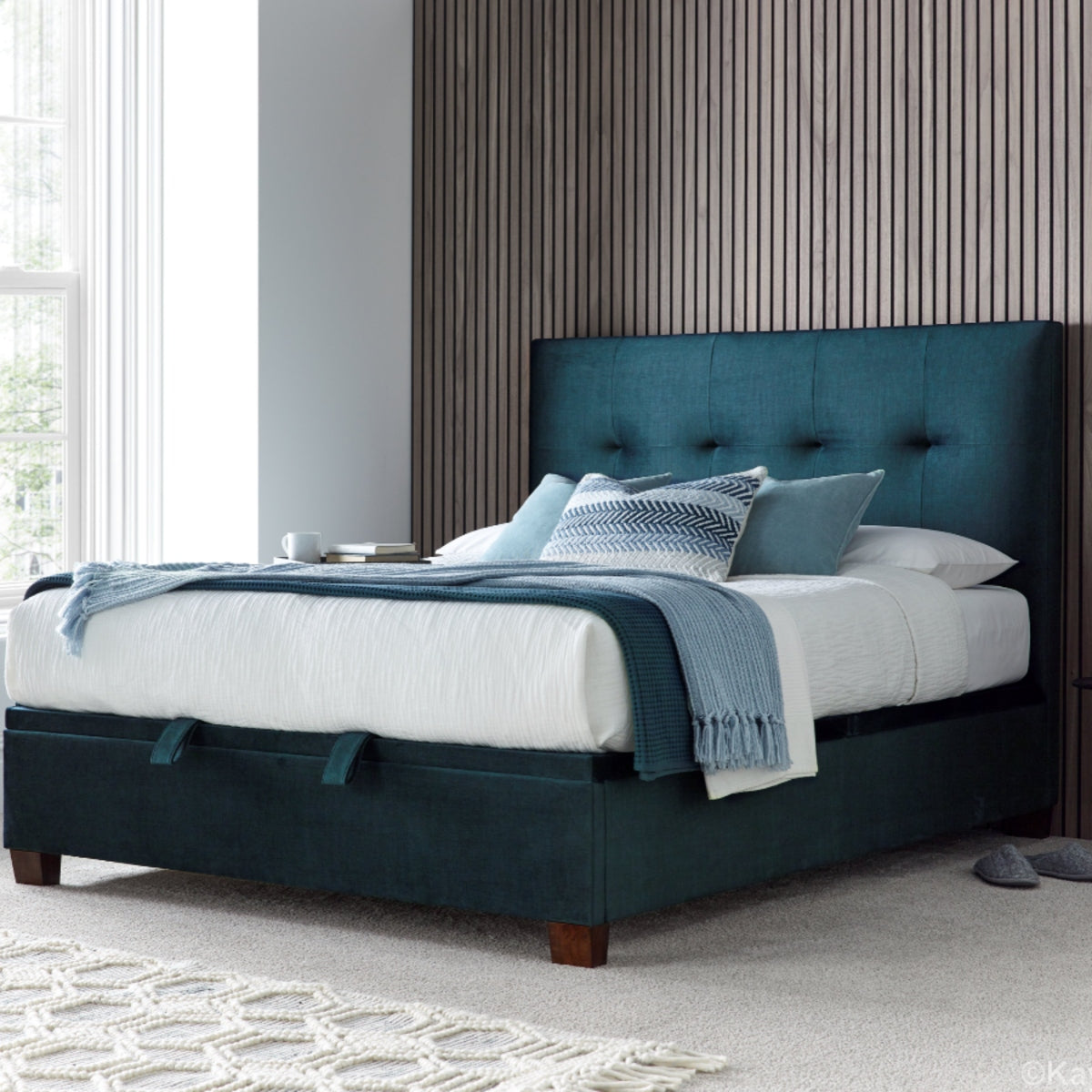 2026 Wallace Ottoman Storage Bed in Deep Ocean Blue