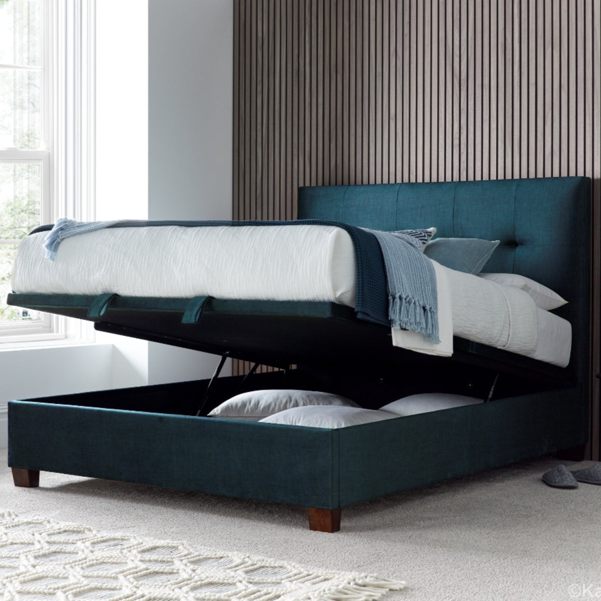2026 Wallace Ottoman Storage Bed in Deep Ocean Blue