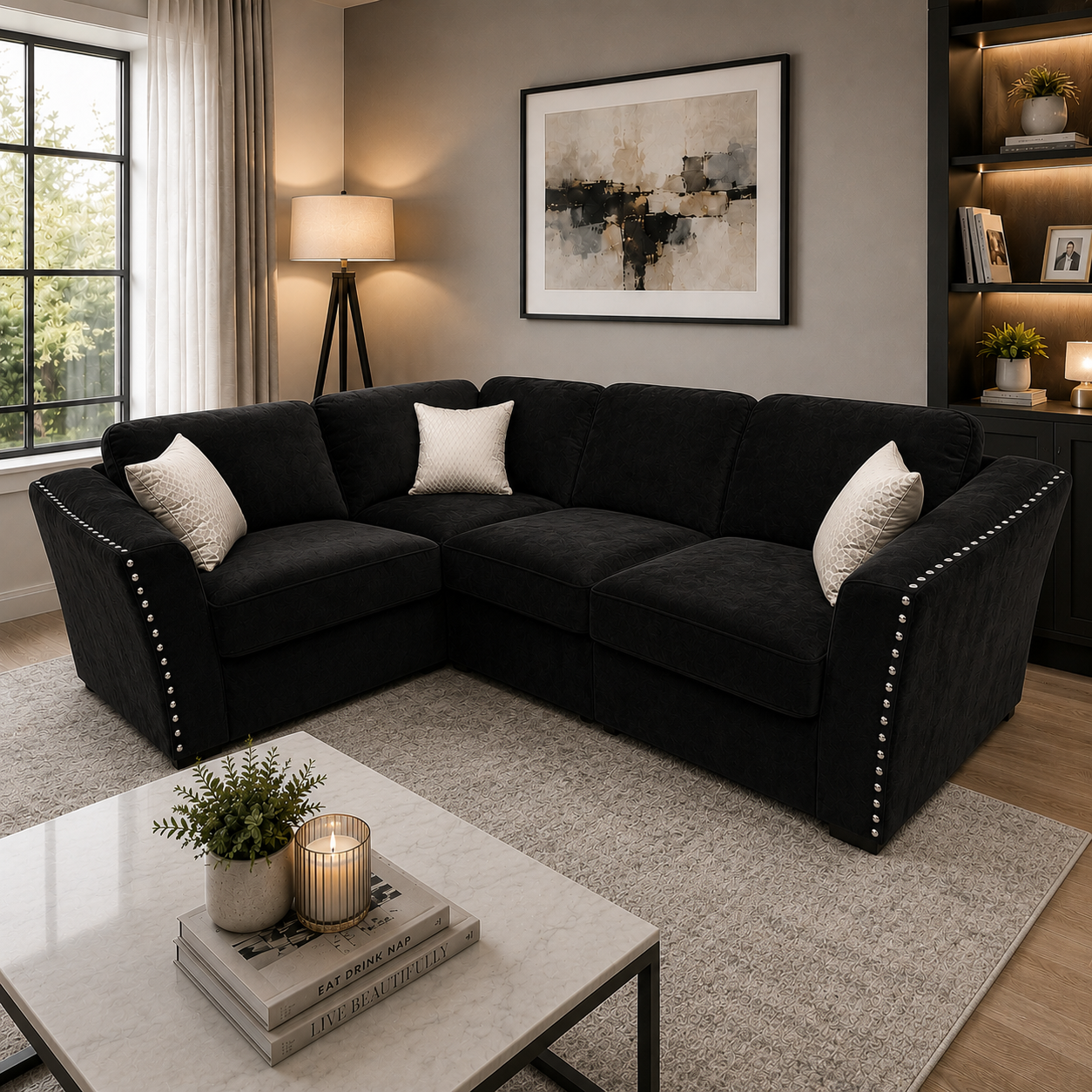2026 Larkhall 4 piece Corner Sofa - Ebony Black - Nimbus Beds