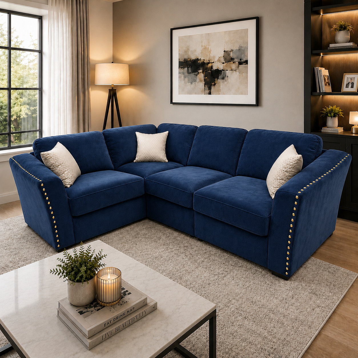 2026 Larkhall 4 piece Corner Sofa - Marine Blue - Nimbus Beds