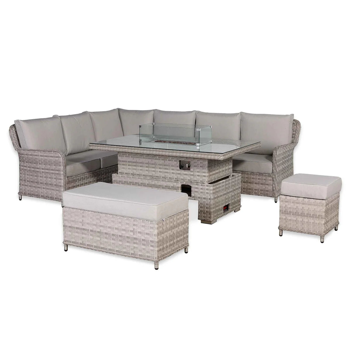 2026 Paris High Back Left Hand Corner Sofa Set with Fire Pit Rising Table Outdoor Garden Furniture - Nimbus Beds