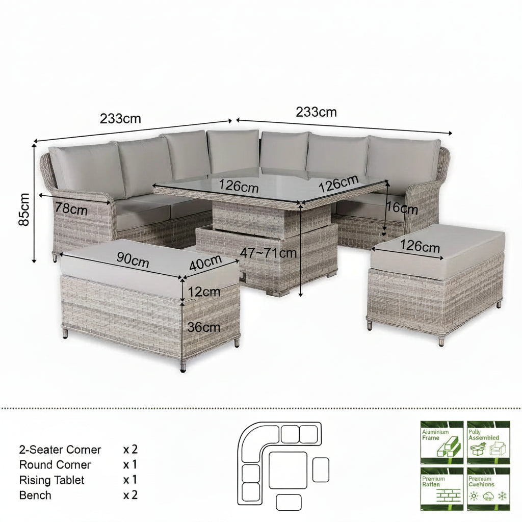 2026 Paris Round Outdoor Corner Sofa Set with Rising Glass top Table Garden Furniture - Nimbus Beds