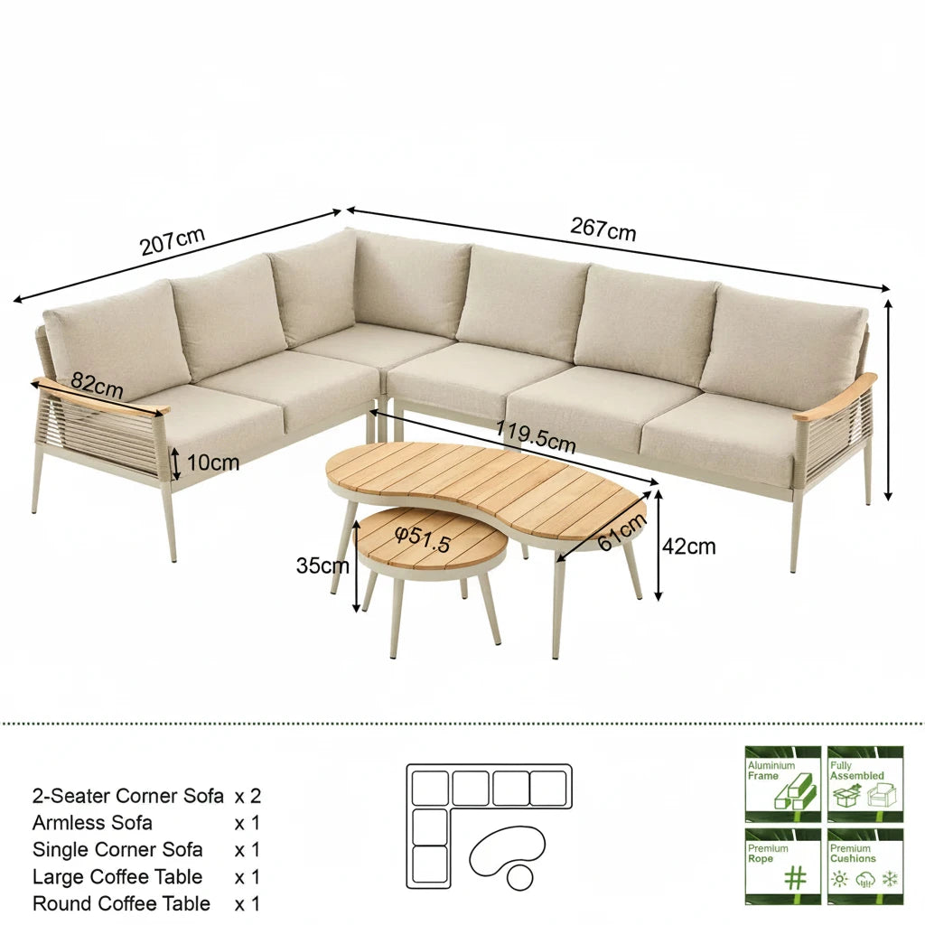2026 Bilbao Modular Corner Sofa Rope Set with 2 Coffee Tables with Teak Wood Top Outdoor Garden Furniture - Nimbus Beds