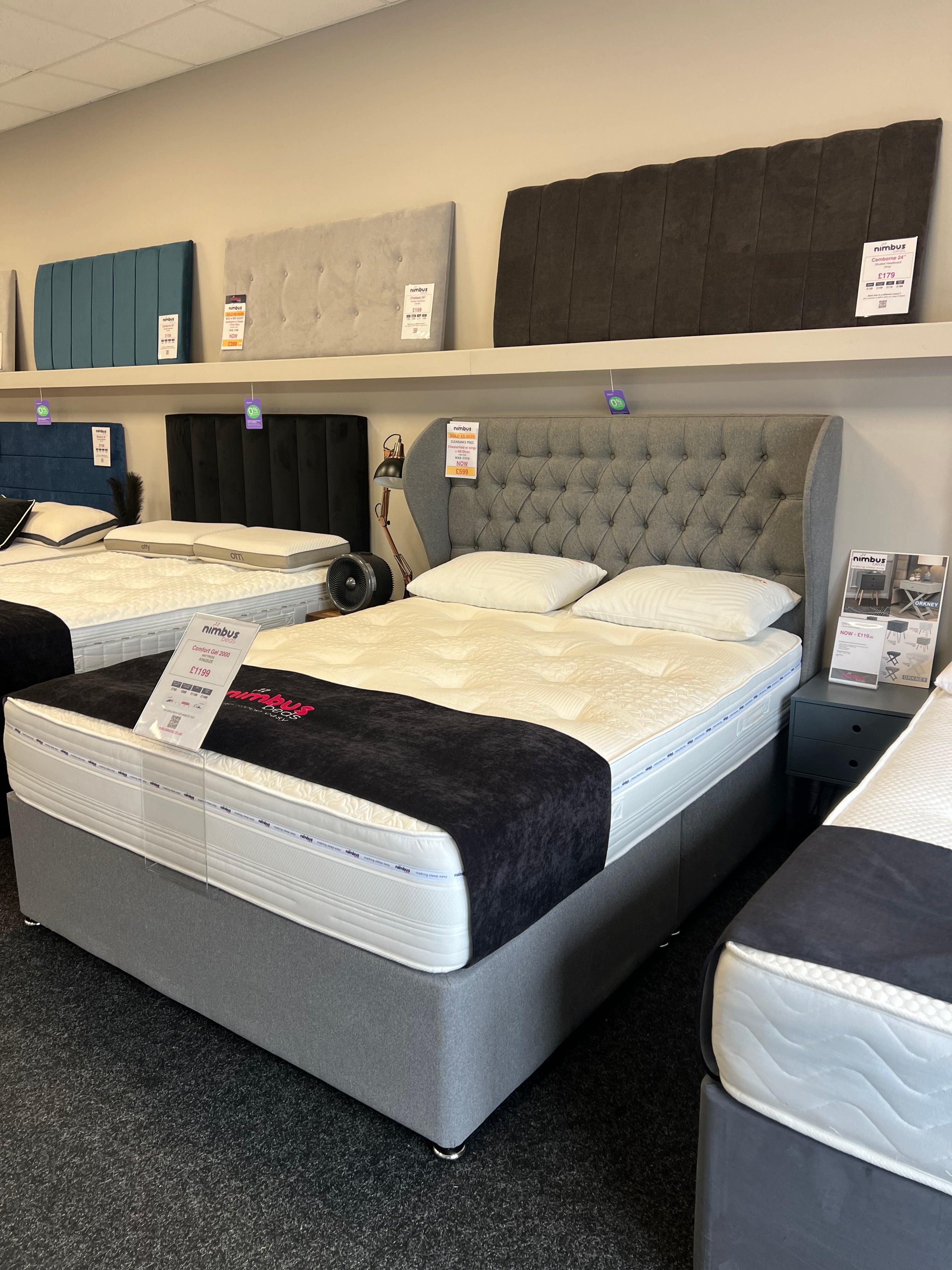 Kingsize Divan Bed with Mulberry Winged Chesterfield Headboard - Steel wool - Ex Display