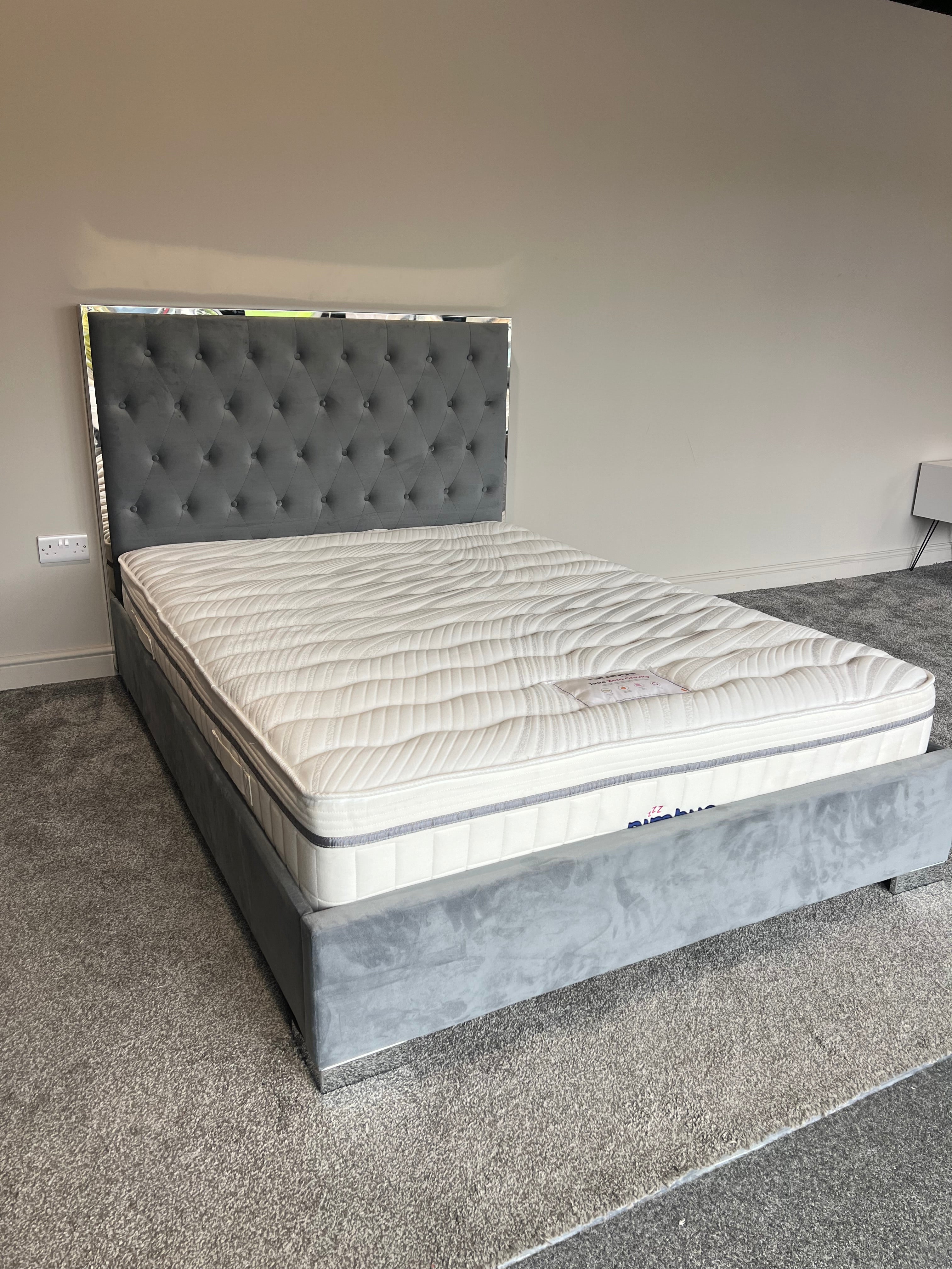 Double Carys Bed Frame - Ex Display - Charcoal soft velvet with chrome edging