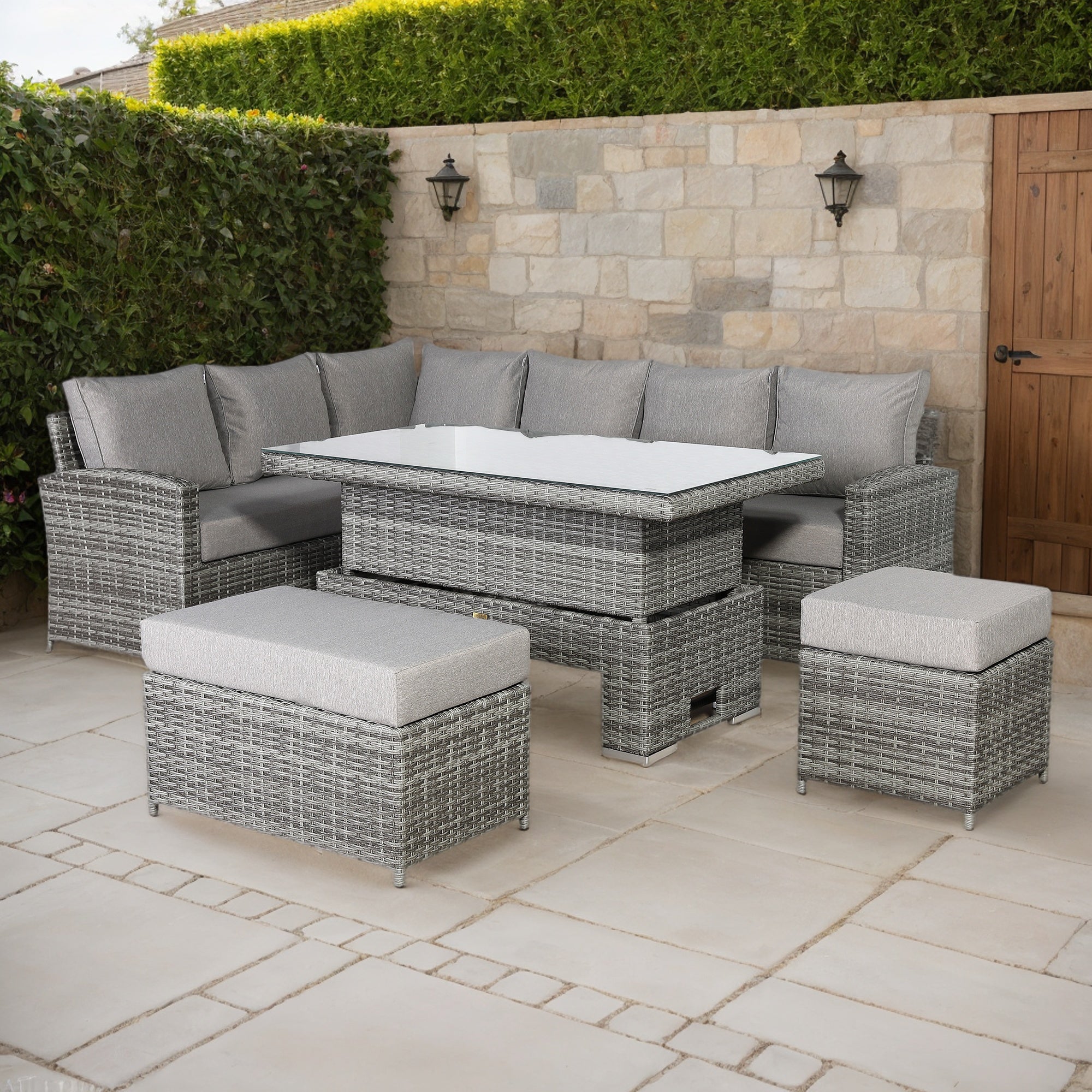 2026 Lorrento Large Corner Dining Set with Rising Table in Grey (Left Hand) - Nimbus Beds