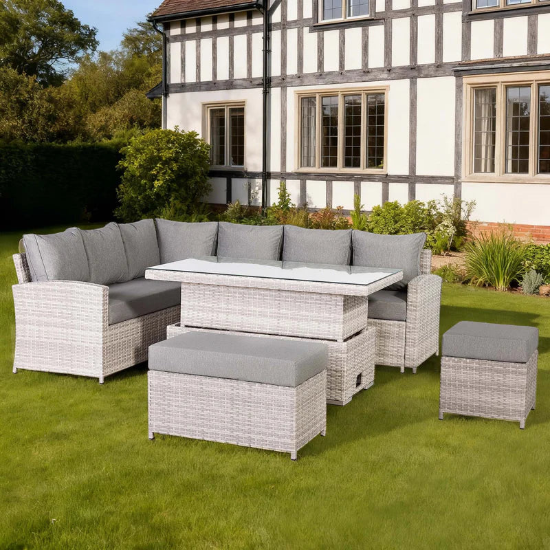 2026 Lorrento Large Corner Dining Set with Rising Table in Beige/Grey (Left Hand) - Nimbus Beds