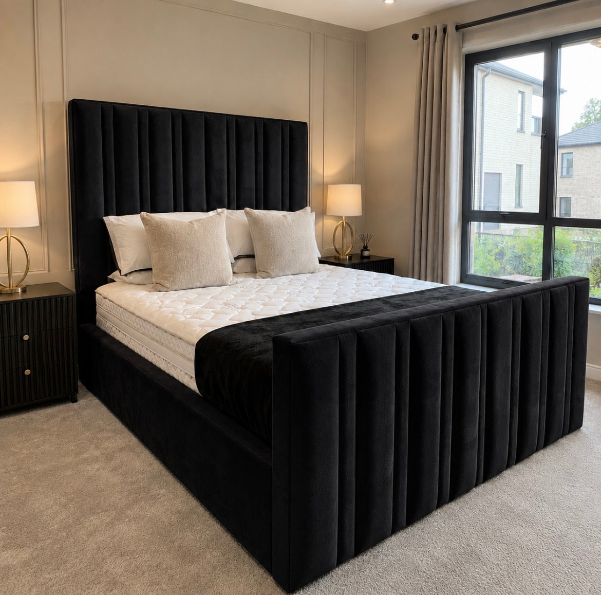 2026 Carlton Luxury Fabric Bed Frame with Optional Lift Up Ottoman Storage - High 30”Footboard