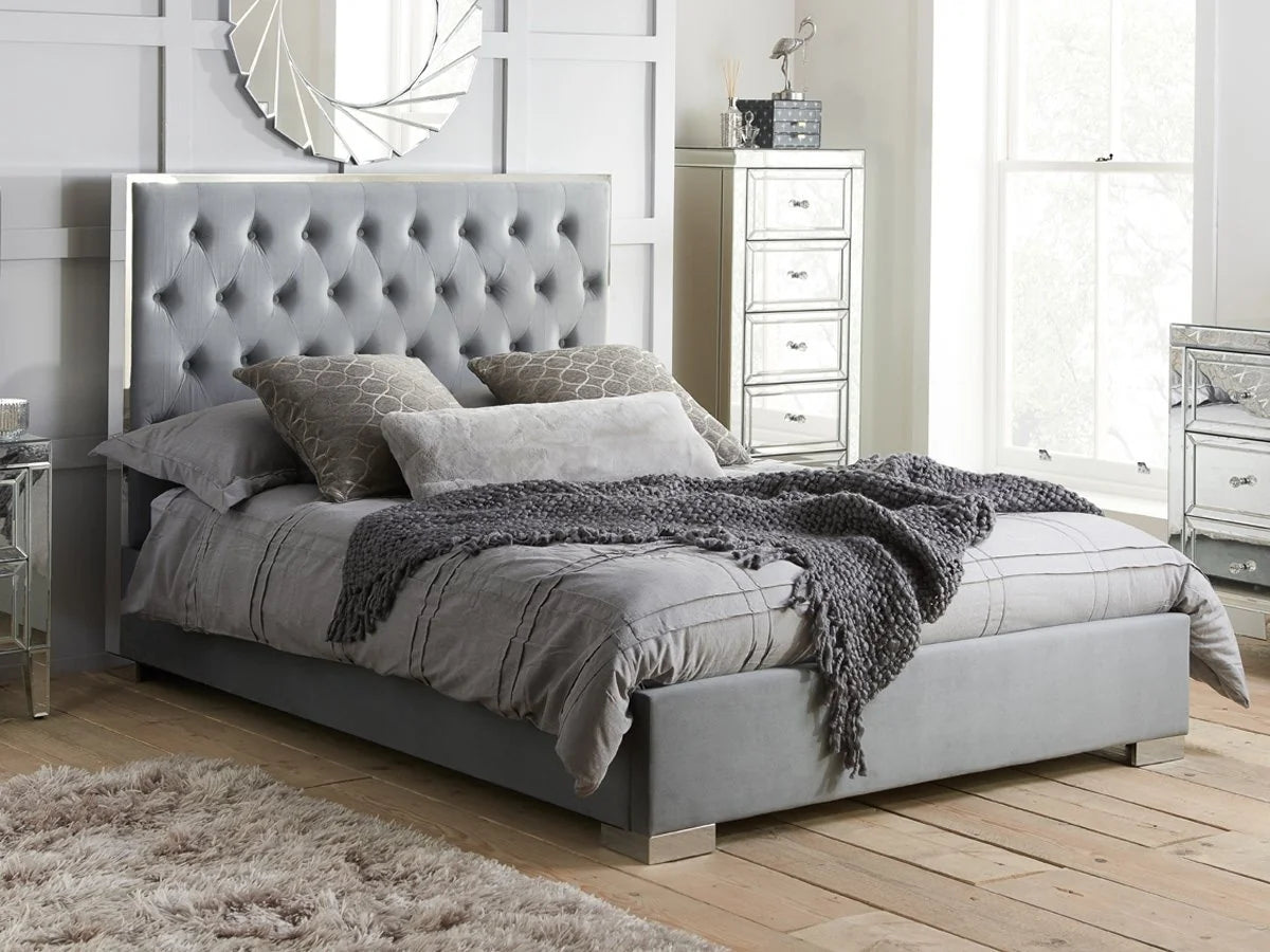 Double Carys Bed Frame - Ex Display - Charcoal soft velvet with chrome edging