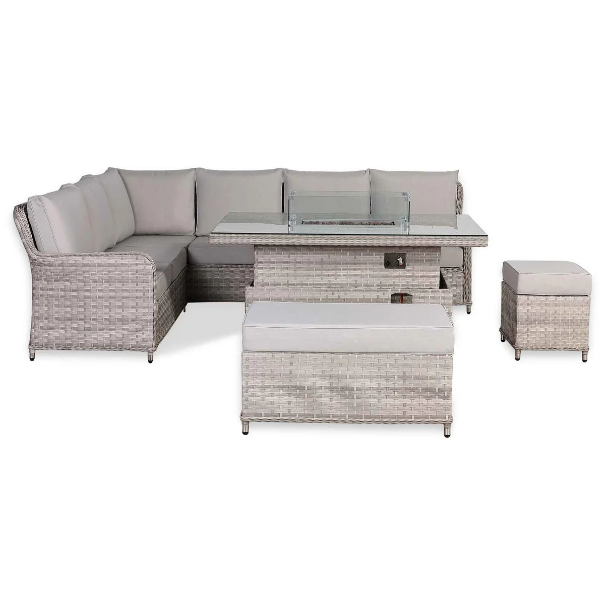 2026 Paris High Back Left Hand Corner Sofa Set with Fire Pit Rising Table Outdoor Garden Furniture - Nimbus Beds