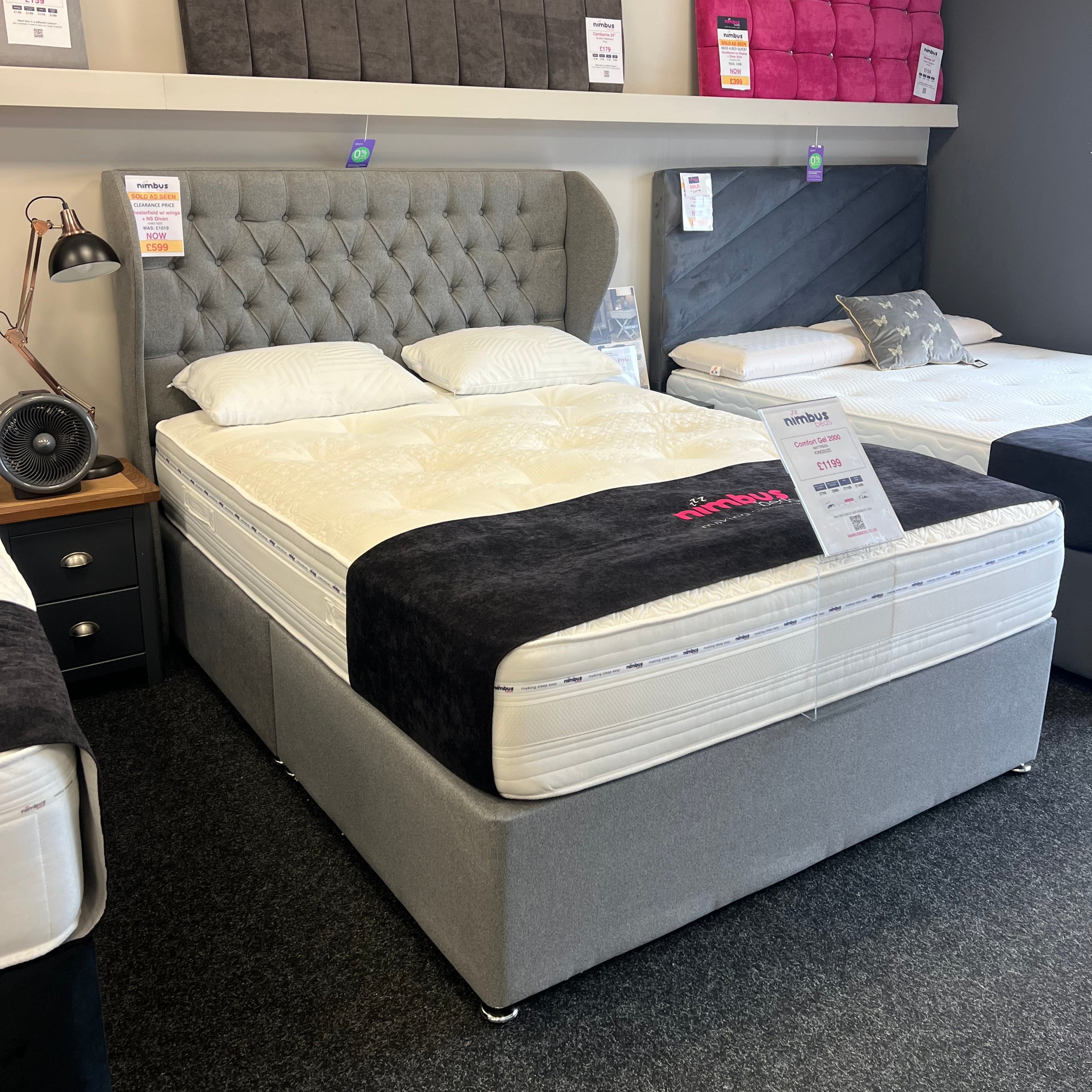 Kingsize Divan Bed with Mulberry Winged Chesterfield Headboard - Steel wool - Ex Display